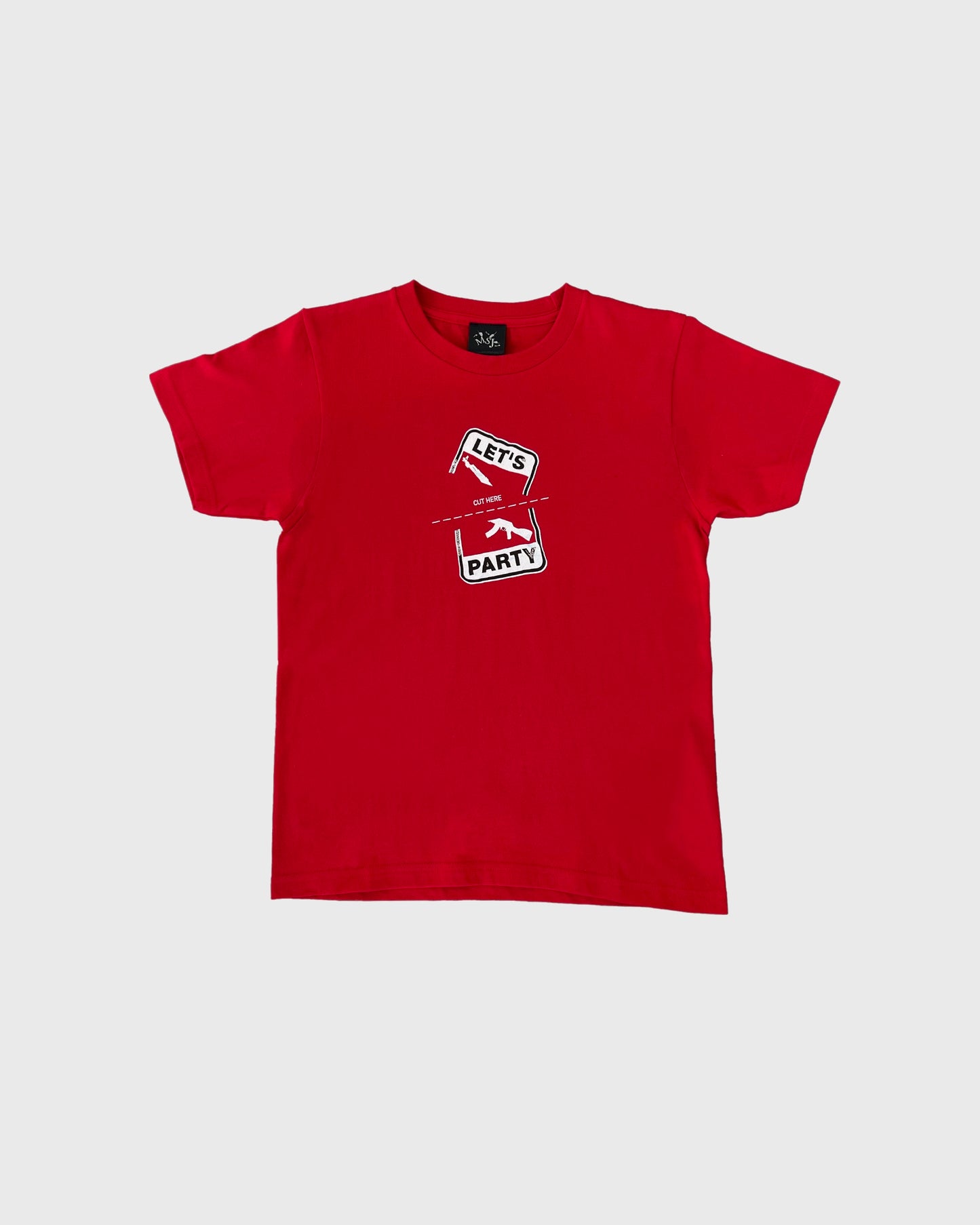 LET'S PARTY CUT HERE T SHIRT RED