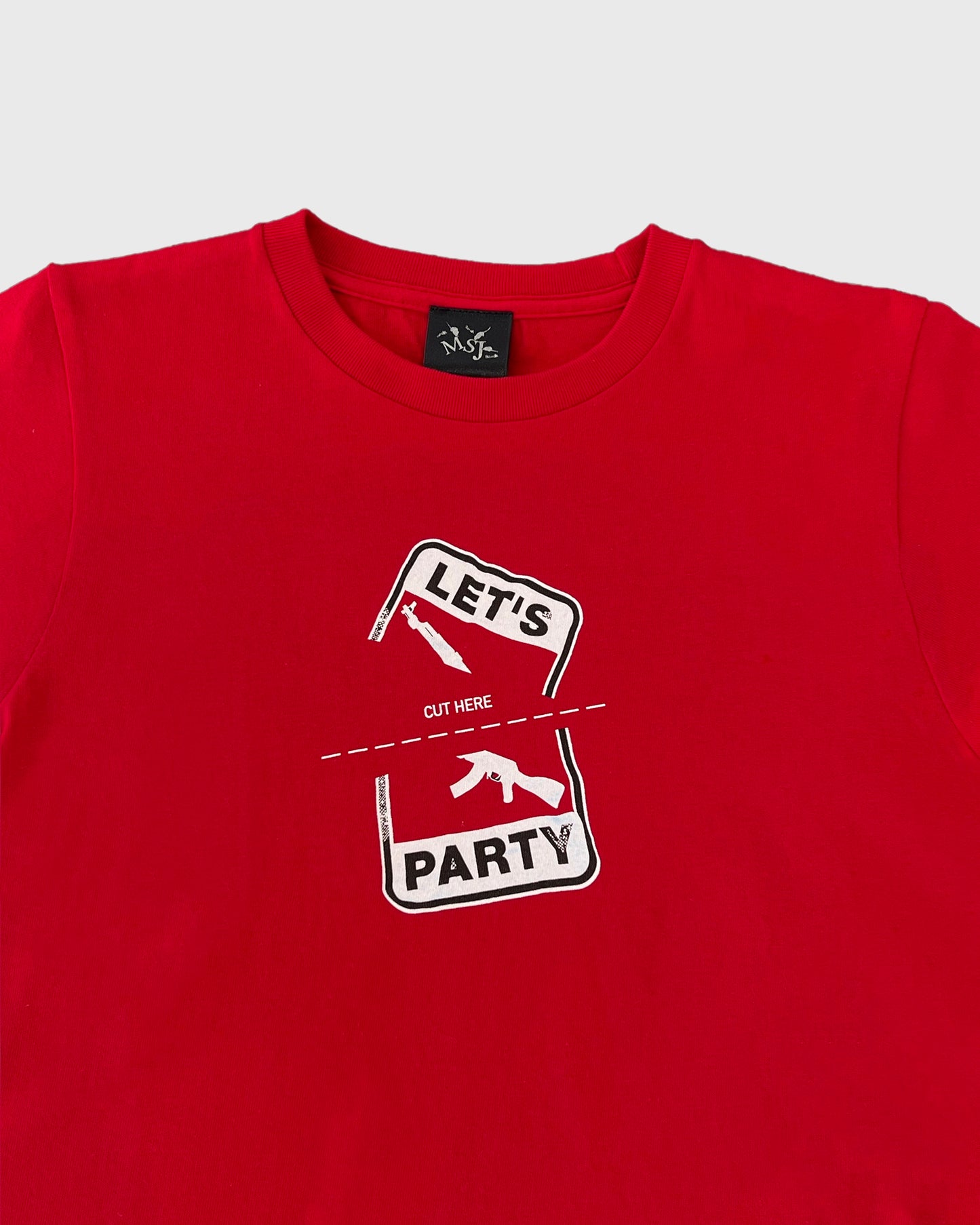 LET'S PARTY CUT HERE T SHIRT RED